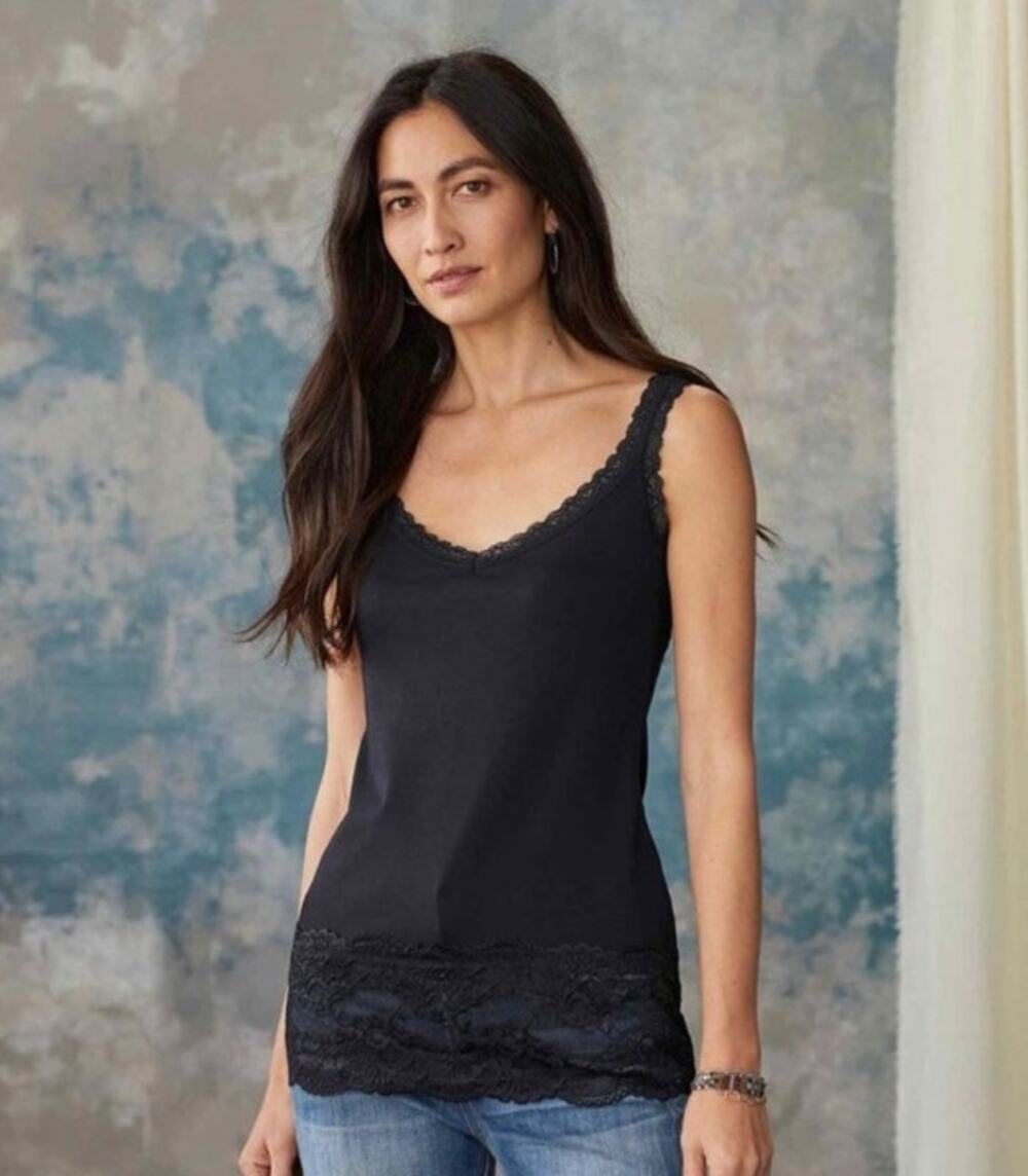 Sundance Elan Lace Trim Cami Tank Top XXL Black Cotton Blend Boho Y2K Layering